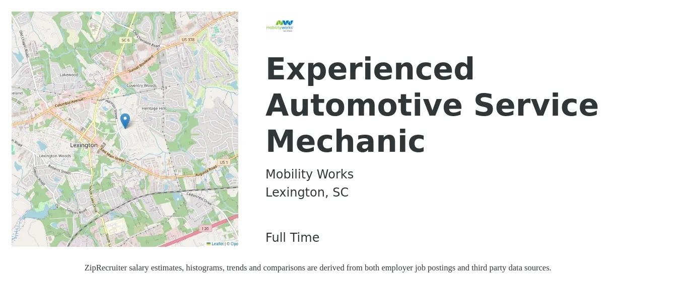 Mobility Works job posting for a Experienced Automotive Service Mechanic in Lexington, SC with a salary of $18 to $26 Hourly with a map of Lexington location.