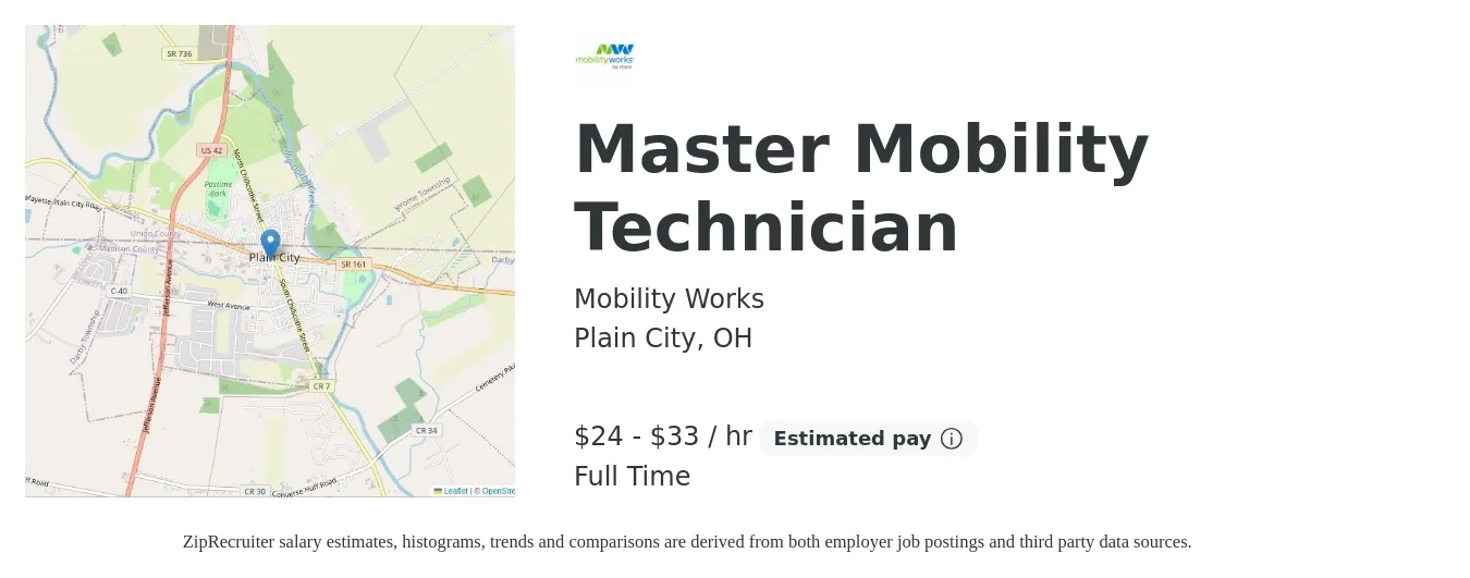 Mobility Works job posting for a Master Mobility Technician in Plain City, OH with a salary of $25 to $35 Hourly with a map of Plain City location.