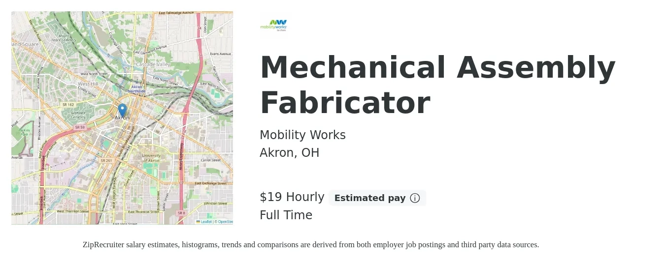Mobility Works job posting for a Mechanical Assembly Fabricator in Akron, OH with a salary of $21 Hourly with a map of Akron location.