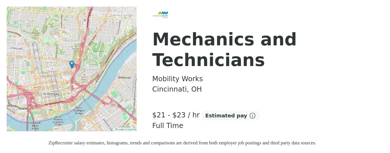 Mobility Works job posting for a Mechanics and Technicians in Cincinnati, OH with a salary of $22 to $24 Hourly with a map of Cincinnati location.