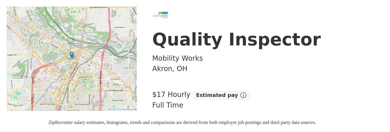 Mobility Works job posting for a Quality Inspector in Akron, OH with a salary of $18 Hourly with a map of Akron location.
