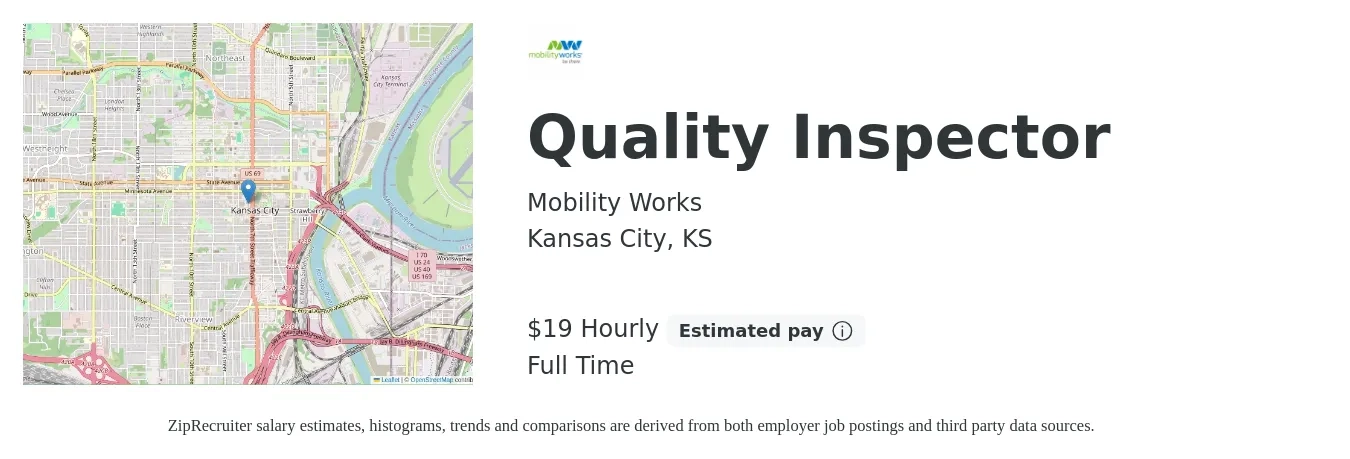 Mobility Works job posting for a Quality Inspector in Kansas City, KS with a salary of $20 Hourly with a map of Kansas City location.