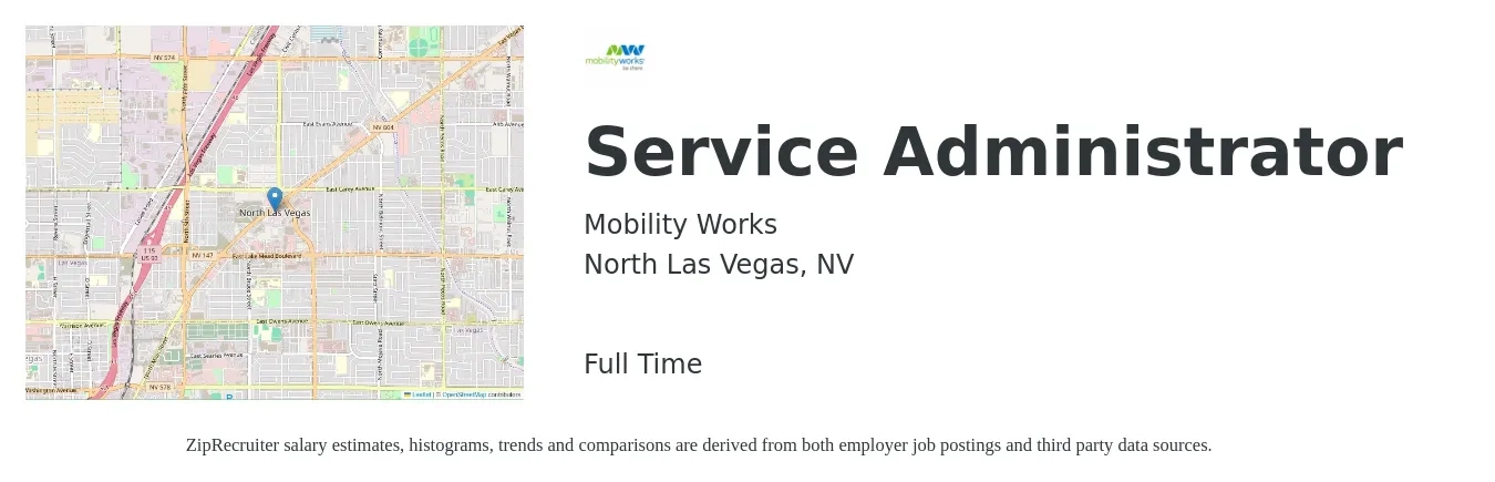 Mobility Works job posting for a Service Administrator in North Las Vegas, NV with a salary of $19 to $26 Hourly with a map of North Las Vegas location.