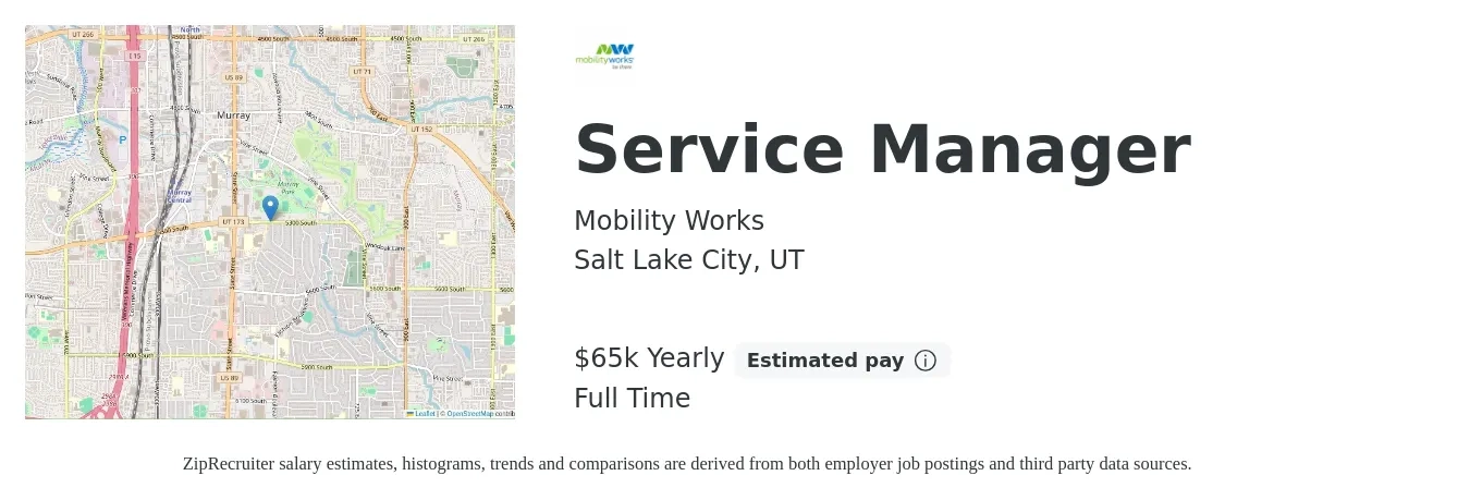 Mobility Works job posting for a Service Manager in Salt Lake City, UT with a salary of $65,000 Yearly with a map of Salt Lake City location.