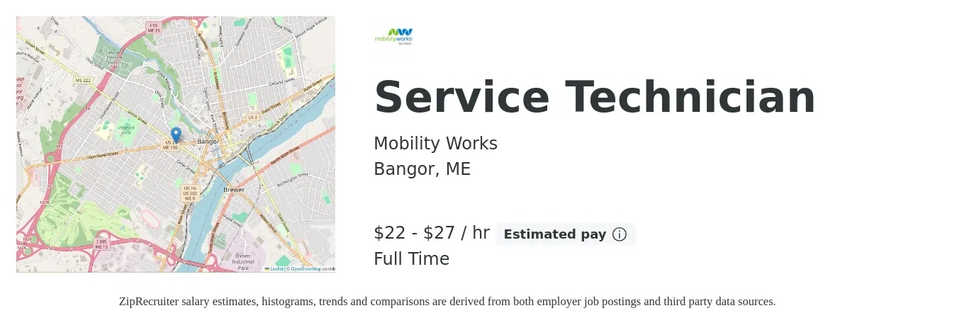 Mobility Works job posting for a Service Technician in Bangor, ME with a salary of $23 to $29 Hourly with a map of Bangor location.
