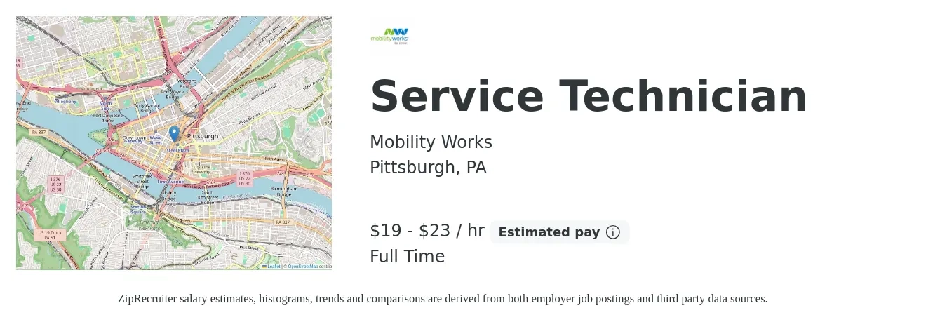 Mobility Works job posting for a Service Technician in Pittsburgh, PA with a salary of $20 to $24 Hourly with a map of Pittsburgh location.