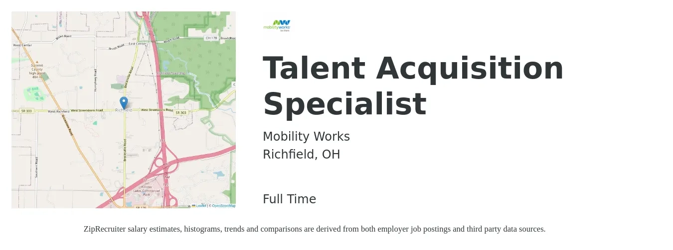 Mobility Works job posting for a Talent Acquisition Specialist in Richfield, OH with a salary of $46,700 to $65,400 Yearly with a map of Richfield location.