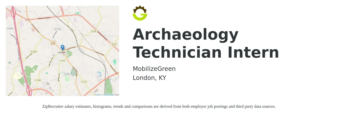 MobilizeGreen job posting for a Archaeology Technician Intern in London, KY with a salary of $750 to $1,000 Weekly with a map of London location.