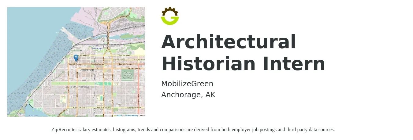 MobilizeGreen job posting for a Architectural Historian Intern in Anchorage, AK with a salary of $1,000 Weekly with a map of Anchorage location.