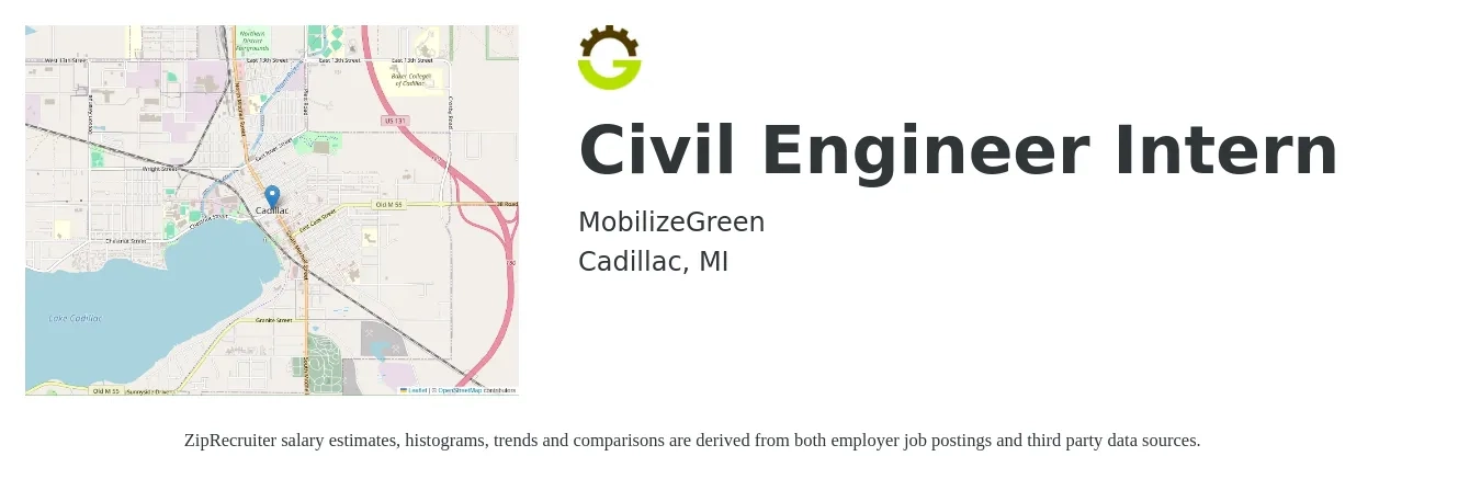 MobilizeGreen job posting for a Civil Engineer Intern in Cadillac, MI with a salary of $650 to $1,000 Weekly with a map of Cadillac location.