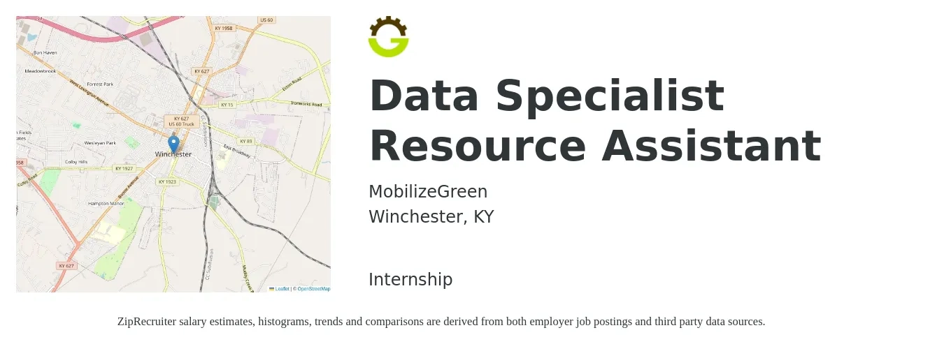 MobilizeGreen job posting for a Data Specialist Resource Assistant in Winchester, KY with a salary of $650 to $1,000 Weekly with a map of Winchester location.