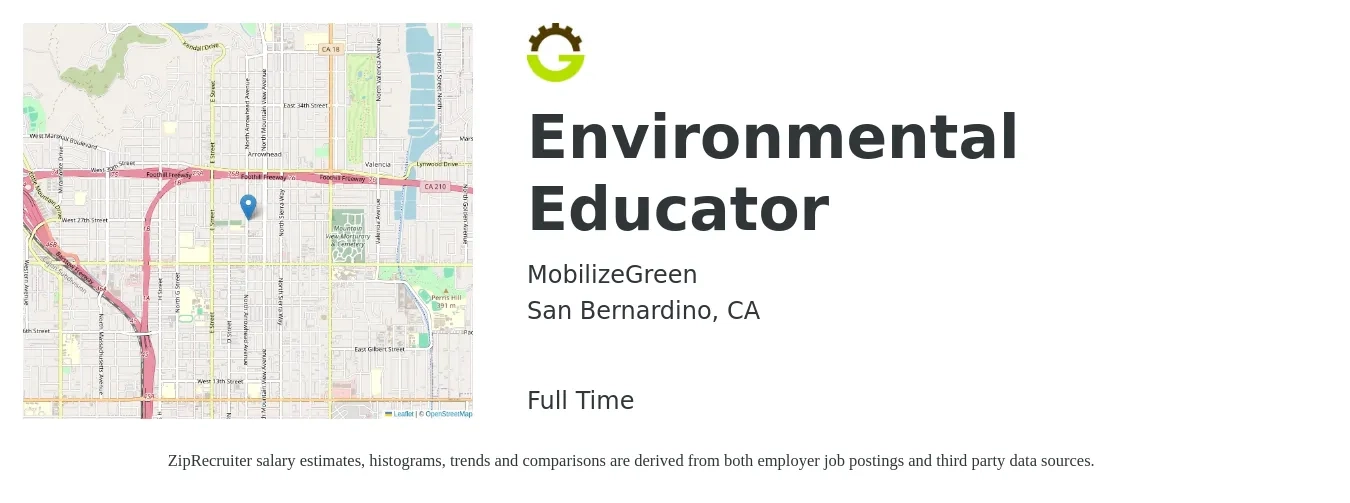 MobilizeGreen job posting for a Environmental Educator in San Bernardino, CA with a salary of $800 Weekly with a map of San Bernardino location.