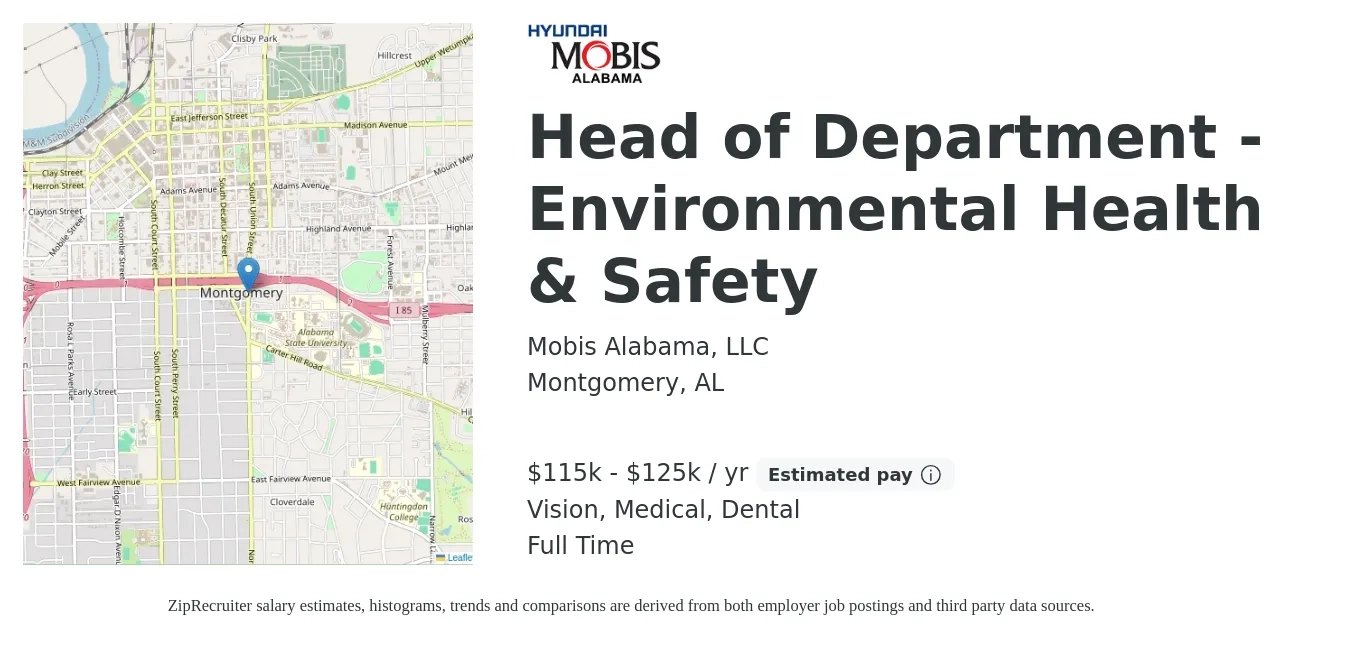 Mobis Alabama, LLC job posting for a Head of Department - Environmental Health & Safety in Montgomery, AL with a salary of $115,000 to $125,000 Yearly and benefits including dental, life_insurance, medical, retirement, and vision with a map of Montgomery location.