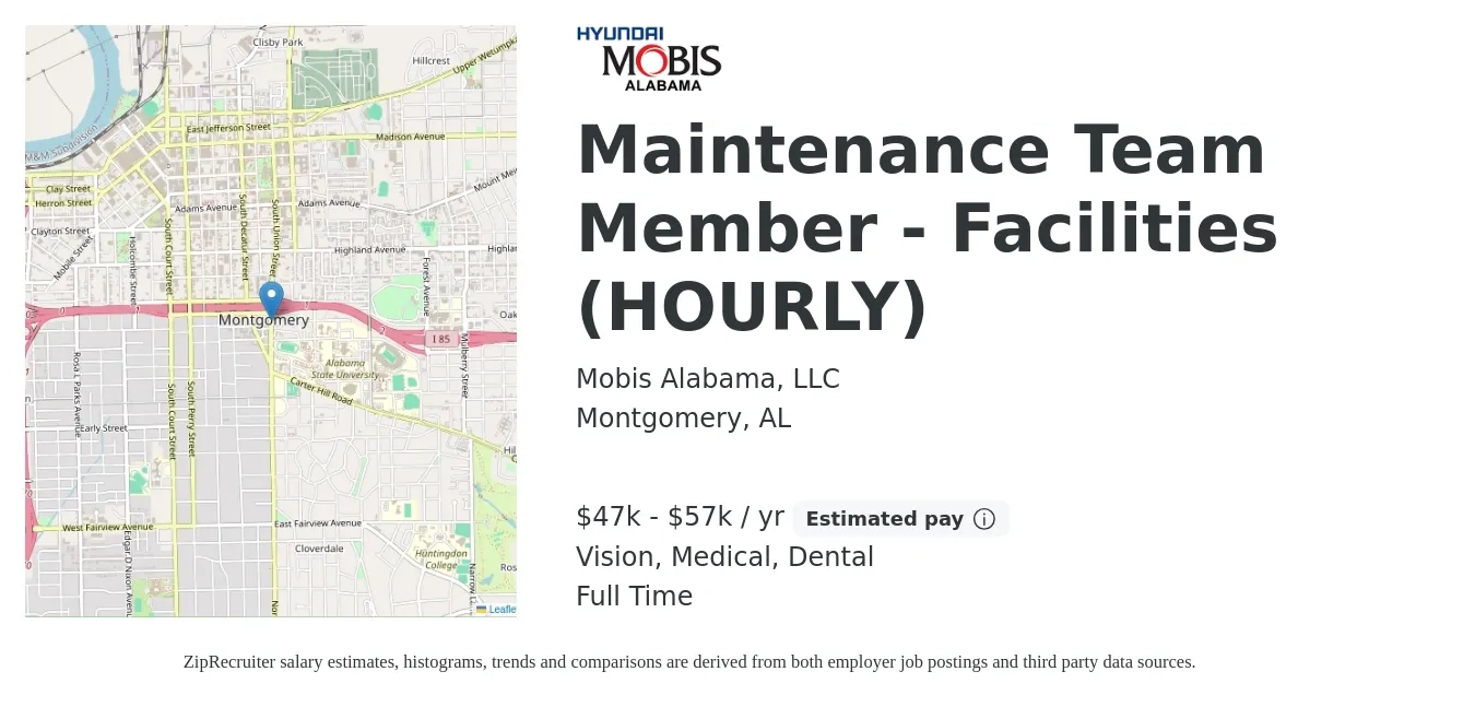 Mobis Alabama, LLC job posting for a Maintenance Team Member - Facilities (HOURLY) in Montgomery, AL with a salary of $47,000 to $57,000 Yearly and benefits including vision, dental, life_insurance, medical, pto, and retirement with a map of Montgomery location.