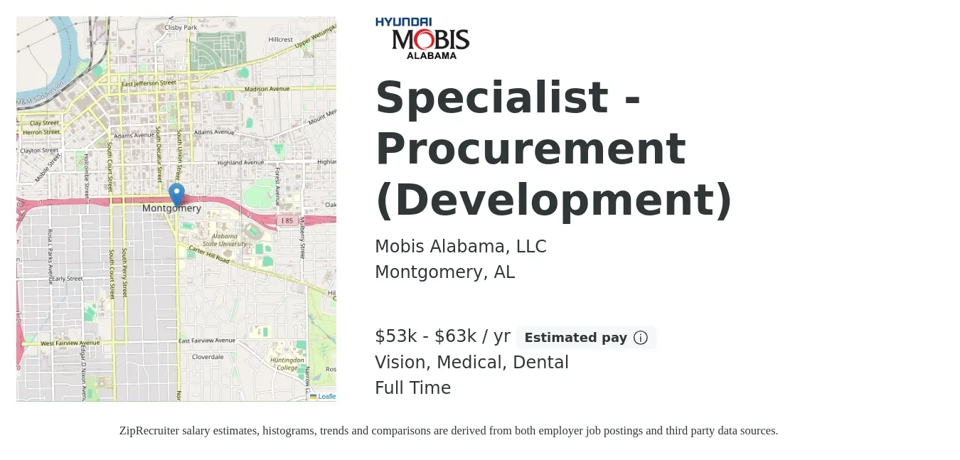 Mobis Alabama, LLC job posting for a Specialist - Procurement (Development) in Montgomery, AL with a salary of $53,000 to $63,000 Yearly and benefits including dental, life_insurance, medical, pto, retirement, and vision with a map of Montgomery location.