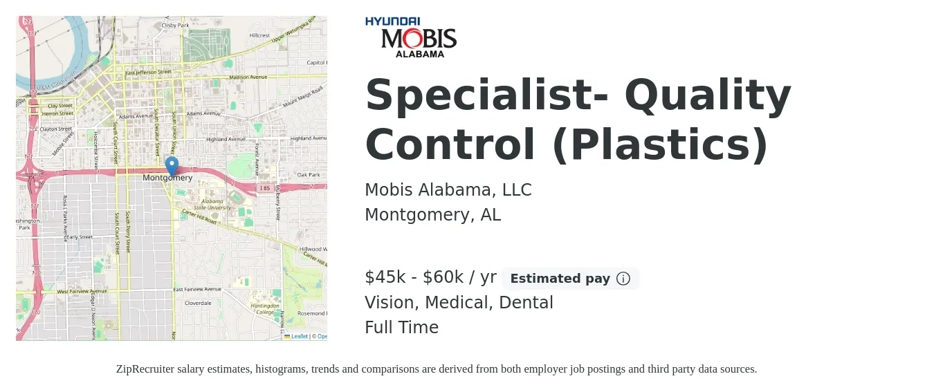 Mobis Alabama, LLC job posting for a Specialist- Quality Control (Plastics) in Montgomery, AL with a salary of $45,000 to $60,000 Yearly and benefits including medical, retirement, vision, dental, and life_insurance with a map of Montgomery location.