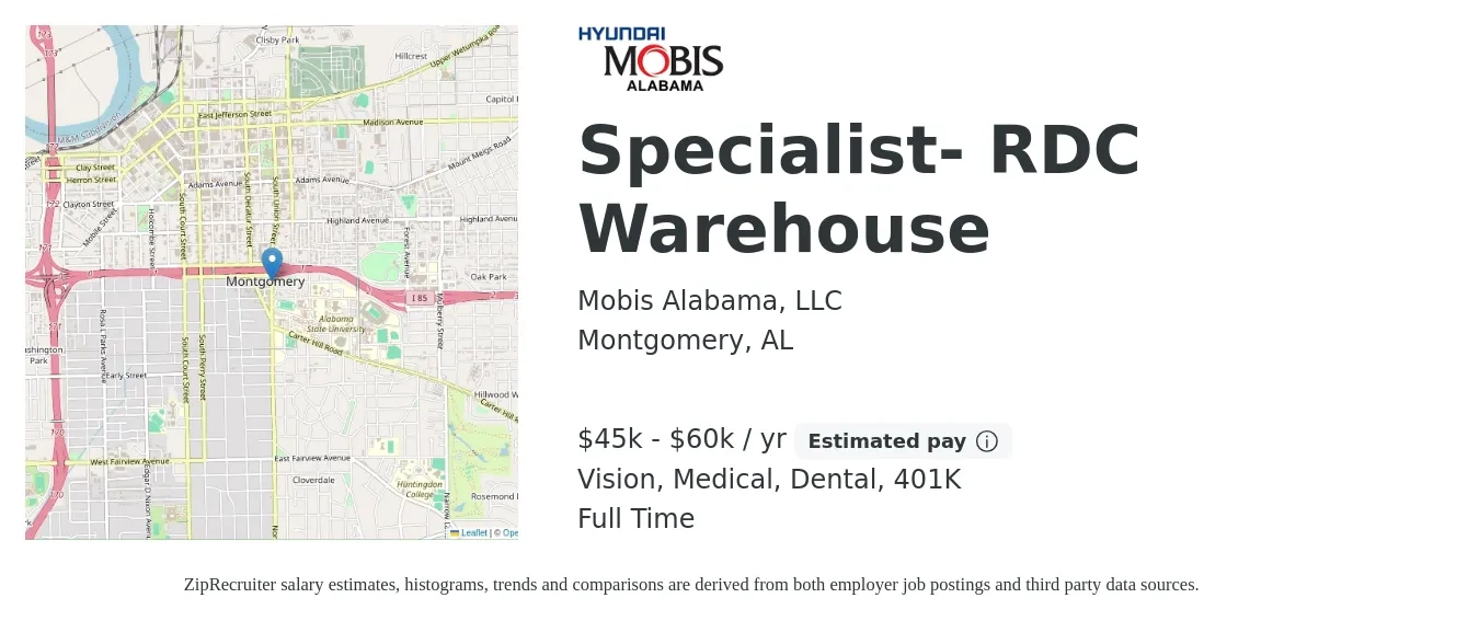 Mobis Alabama, LLC job posting for a Specialist- RDC Warehouse in Montgomery, AL with a salary of $45,000 to $60,000 Yearly and benefits including life_insurance, medical, vision, 401k, and dental with a map of Montgomery location.