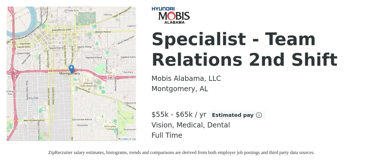 Mobis Alabama, LLC job posting for a Specialist - Team Relations 2nd Shift in Montgomery, AL with a salary of $55,000 to $65,000 Yearly and benefits including retirement, vision, dental, life_insurance, medical, and pto with a map of Montgomery location.