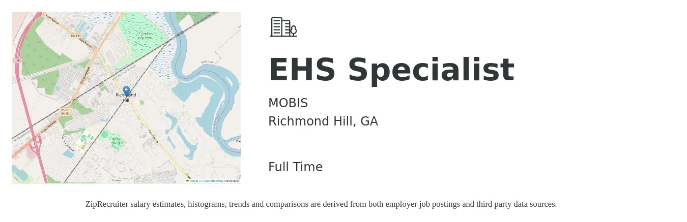 MOBIS job posting for a EHS Specialist in Richmond Hill, GA with a salary of $52,100 to $74,500 Yearly with a map of Richmond Hill location.