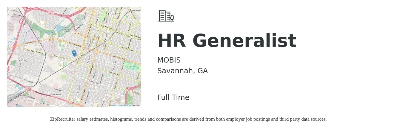 MOBIS job posting for a HR Generalist in Savannah, GA with a salary of $48,400 to $68,900 Yearly with a map of Savannah location.