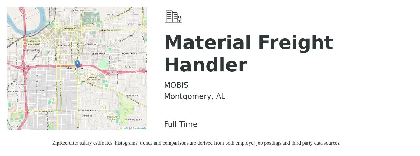 MOBIS job posting for a Material Freight Handler in Montgomery, AL with a salary of $16 to $20 Hourly with a map of Montgomery location.