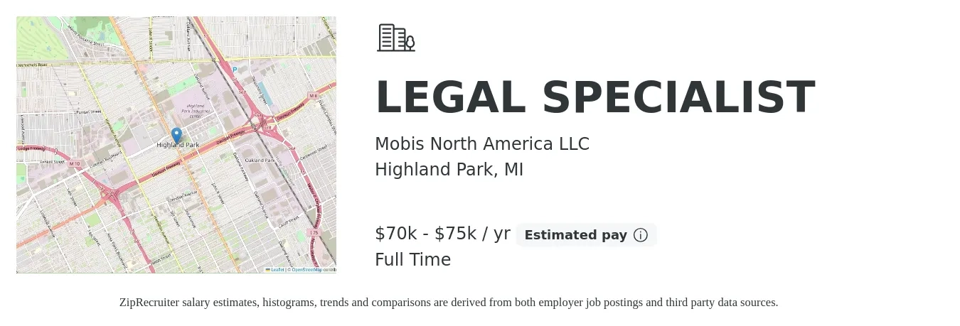 Mobis North America LLC job posting for a LEGAL SPECIALIST in Highland Park, MI with a salary of $70,000 to $75,000 Yearly with a map of Highland Park location.