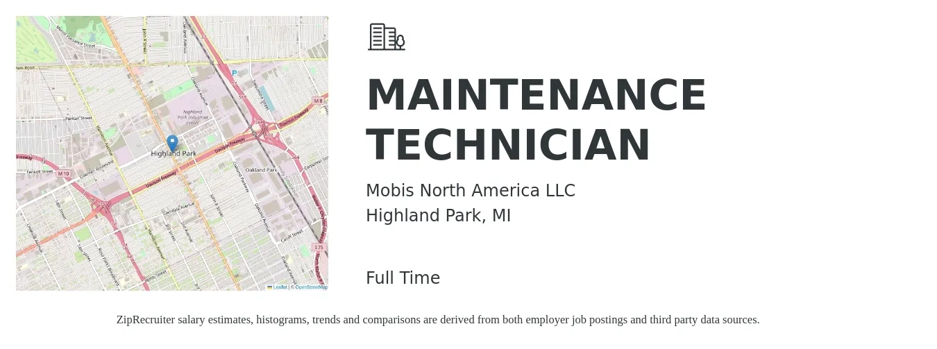 Mobis North America LLC job posting for a MAINTENANCE TECHNICIAN in Highland Park, MI with a salary of $18 to $24 Hourly with a map of Highland Park location.