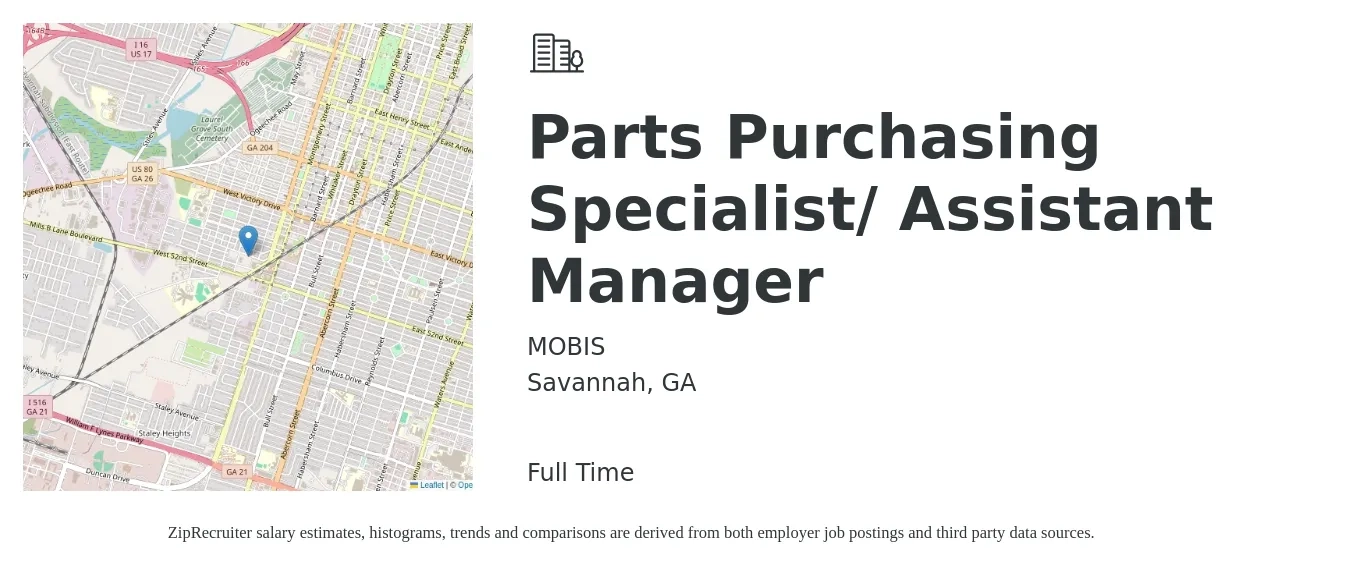 MOBIS job posting for a Parts Purchasing Specialist/ Assistant Manager in Savannah, GA with a salary of $43,300 to $64,700 Yearly with a map of Savannah location.