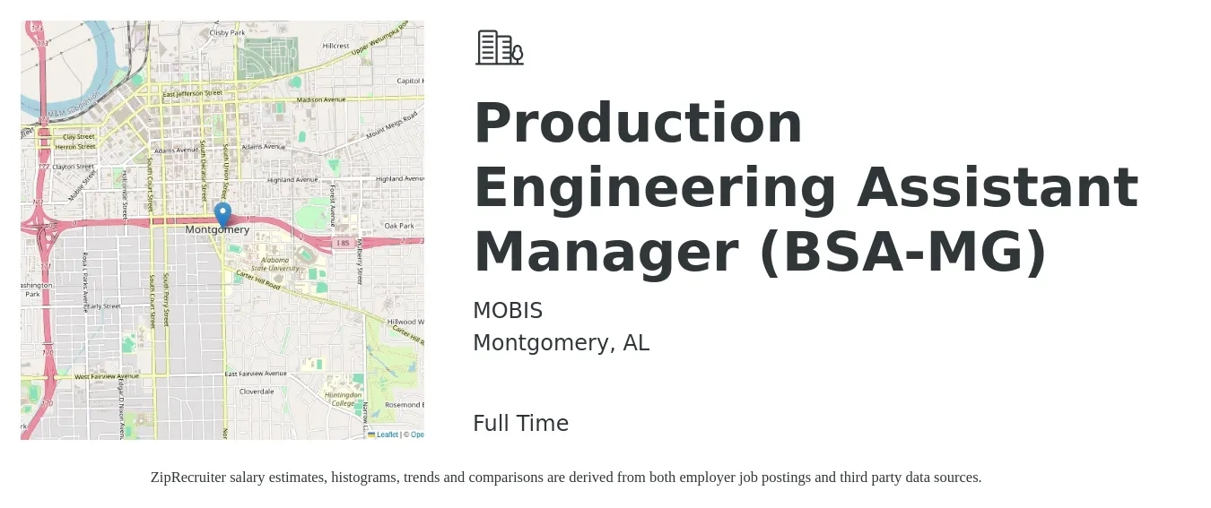 MOBIS job posting for a Production Engineering Assistant Manager (BSA-MG) in Montgomery, AL with a salary of $44,500 to $77,600 Yearly with a map of Montgomery location.