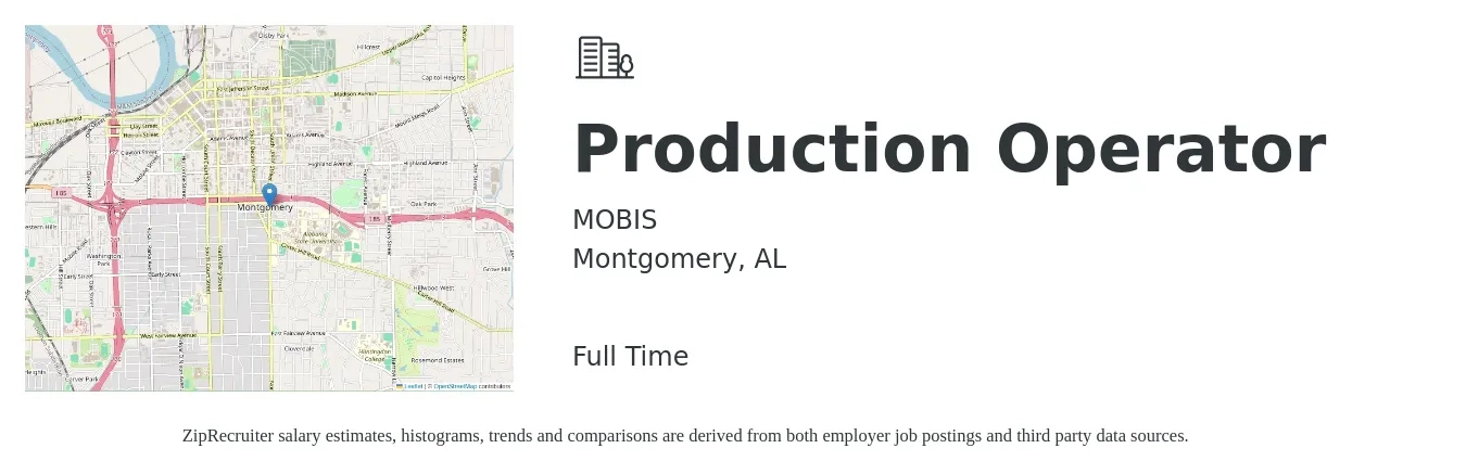 MOBIS job posting for a Production Operator in Montgomery, AL with a salary of $16 to $20 Hourly with a map of Montgomery location.