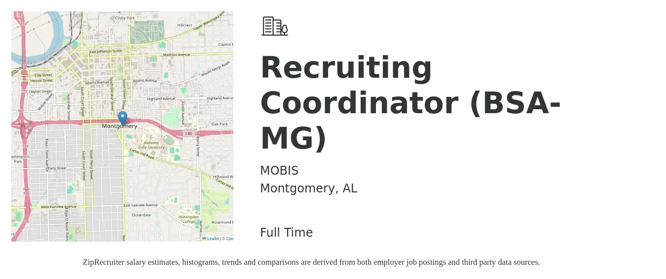 MOBIS job posting for a Recruiting Coordinator (BSA-MG) in Montgomery, AL with a salary of $20 to $26 Hourly with a map of Montgomery location.