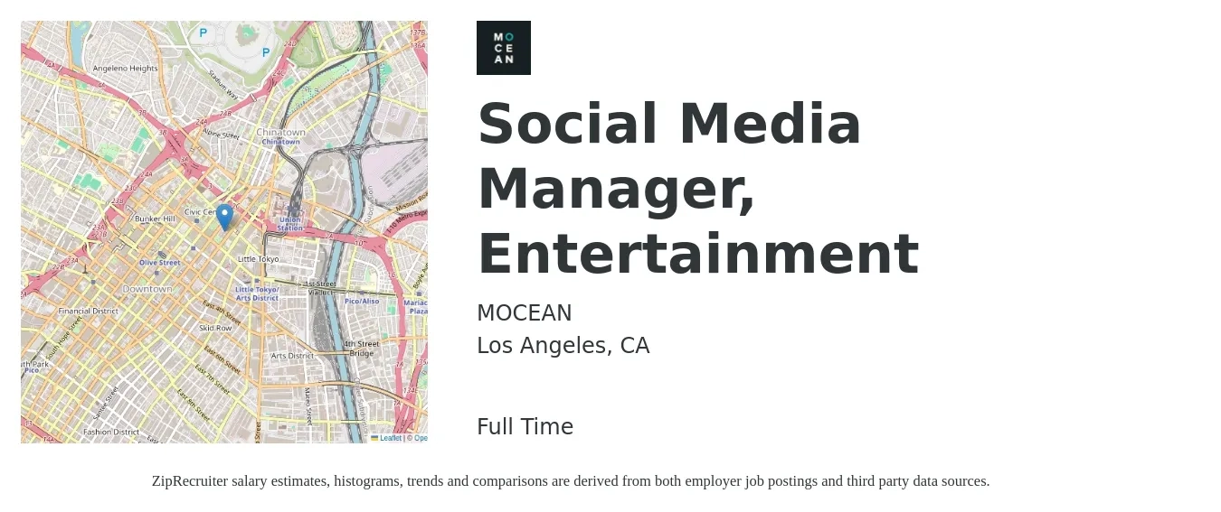 MOCEAN job posting for a Social Media Manager, Entertainment in Los Angeles, CA with a salary of $72,000 to $90,000 Yearly with a map of Los Angeles location.