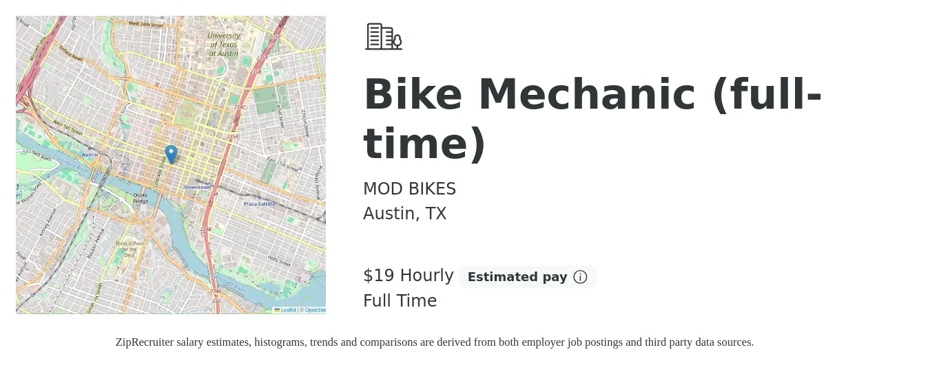 MOD BIKES job posting for a Bike Mechanic (full-time) in Austin, TX with a salary of $20 Hourly with a map of Austin location.