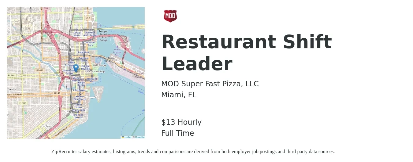 MOD Super Fast Pizza, LLC job posting for a Restaurant Shift Leader in Miami, FL with a salary of $14 Hourly with a map of Miami location.