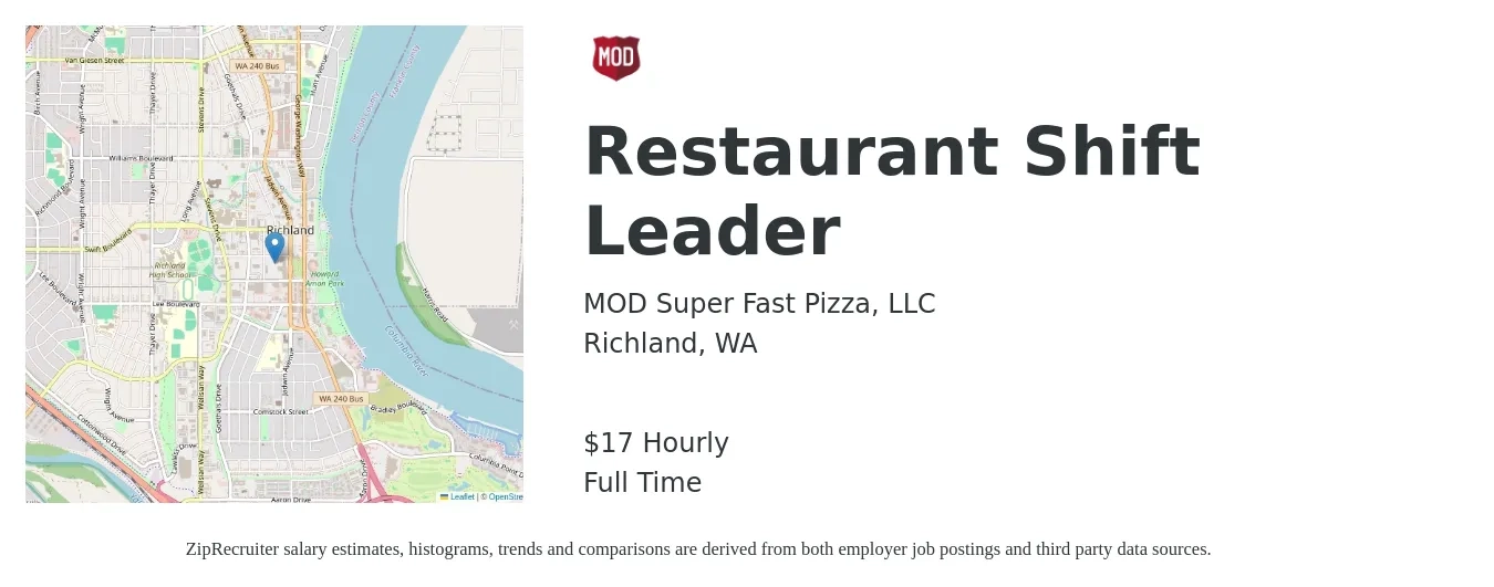 MOD Super Fast Pizza, LLC job posting for a Restaurant Shift Leader in Richland, WA with a salary of $18 Hourly with a map of Richland location.