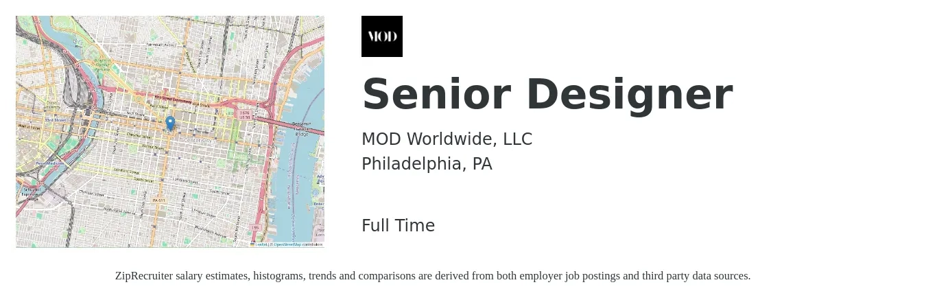 MOD Worldwide, LLC job posting for a Senior Designer in Philadelphia, PA with a salary of $97,500 to $104,200 Yearly with a map of Philadelphia location.