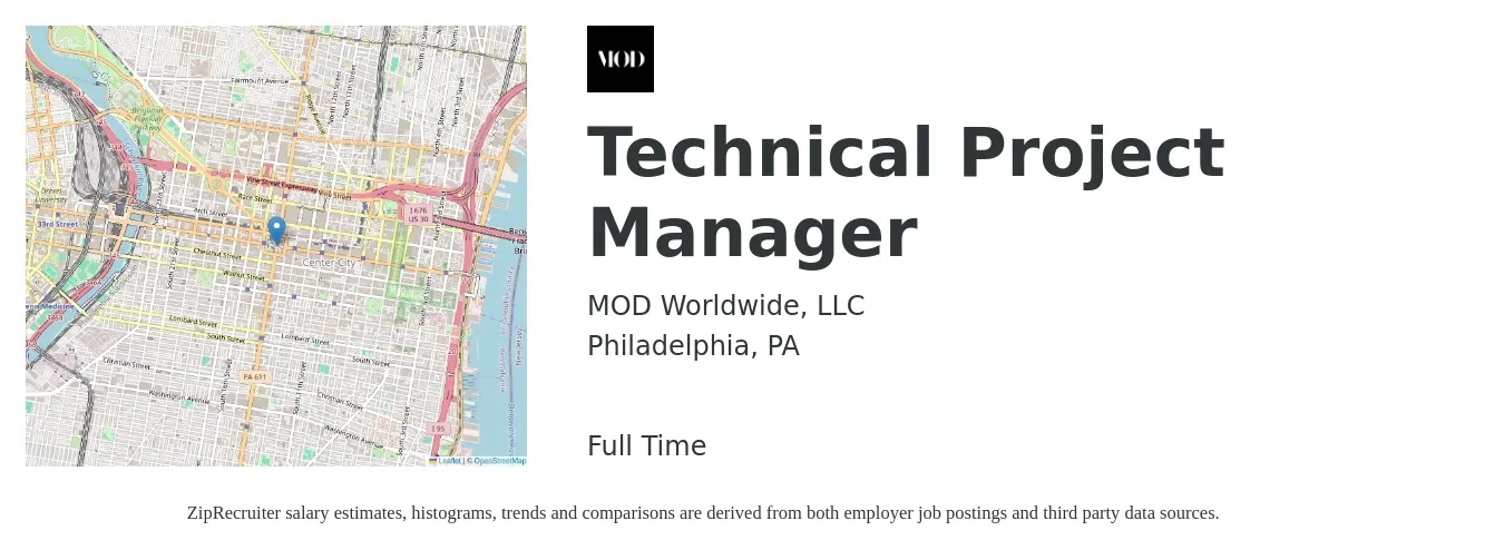 MOD Worldwide, LLC job posting for a Technical Project Manager in Philadelphia, PA with a salary of $91,700 to $128,500 Yearly with a map of Philadelphia location.