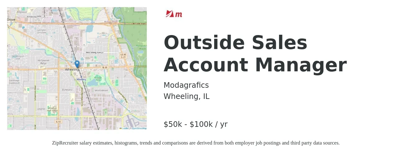 Modagrafics job posting for a Outside Sales Account Manager in Wheeling, IL with a salary of $50,000 to $100,000 Yearly with a map of Wheeling location.