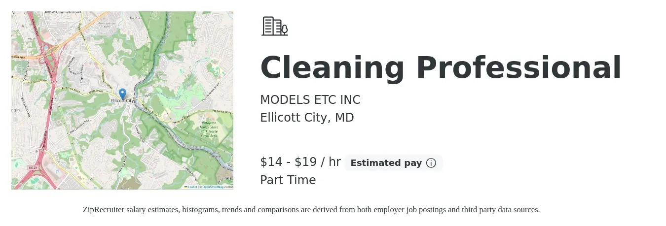 MODELS ETC INC job posting for a Cleaning Professional in Ellicott City, MD with a salary of $15 to $20 Hourly with a map of Ellicott City location.