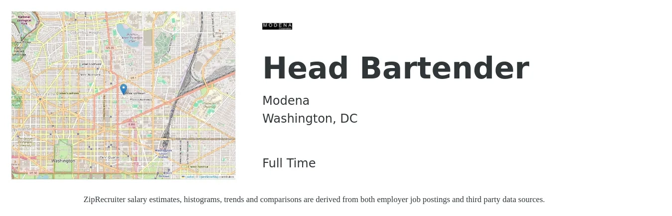 Modena job posting for a Head Bartender in Washington, DC with a salary of $11 to $21 Hourly with a map of Washington location.