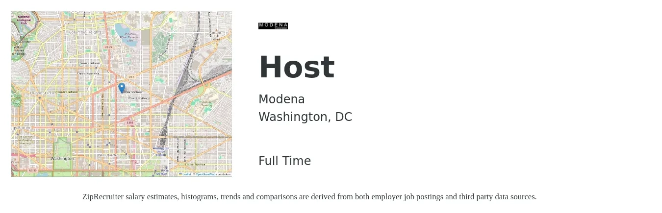 Modena job posting for a Host in Washington, DC with a salary of $14 to $19 Hourly with a map of Washington location.