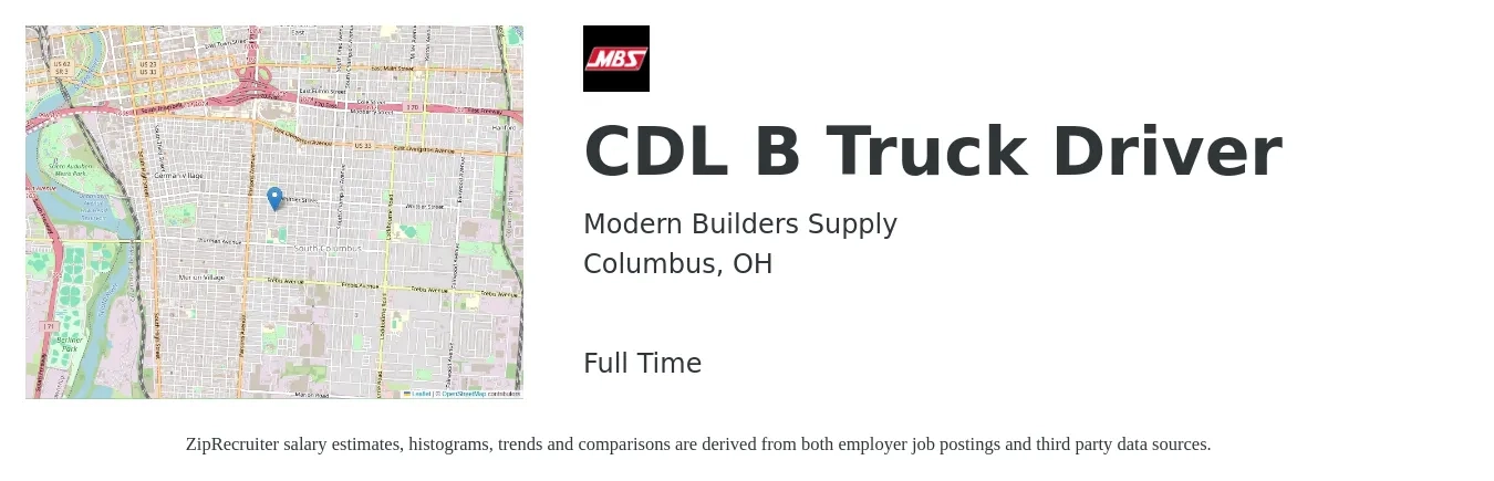 Modern Builders Supply job posting for a CDL B Truck Driver in Columbus, OH with a salary of $20 to $22 Hourly with a map of Columbus location.