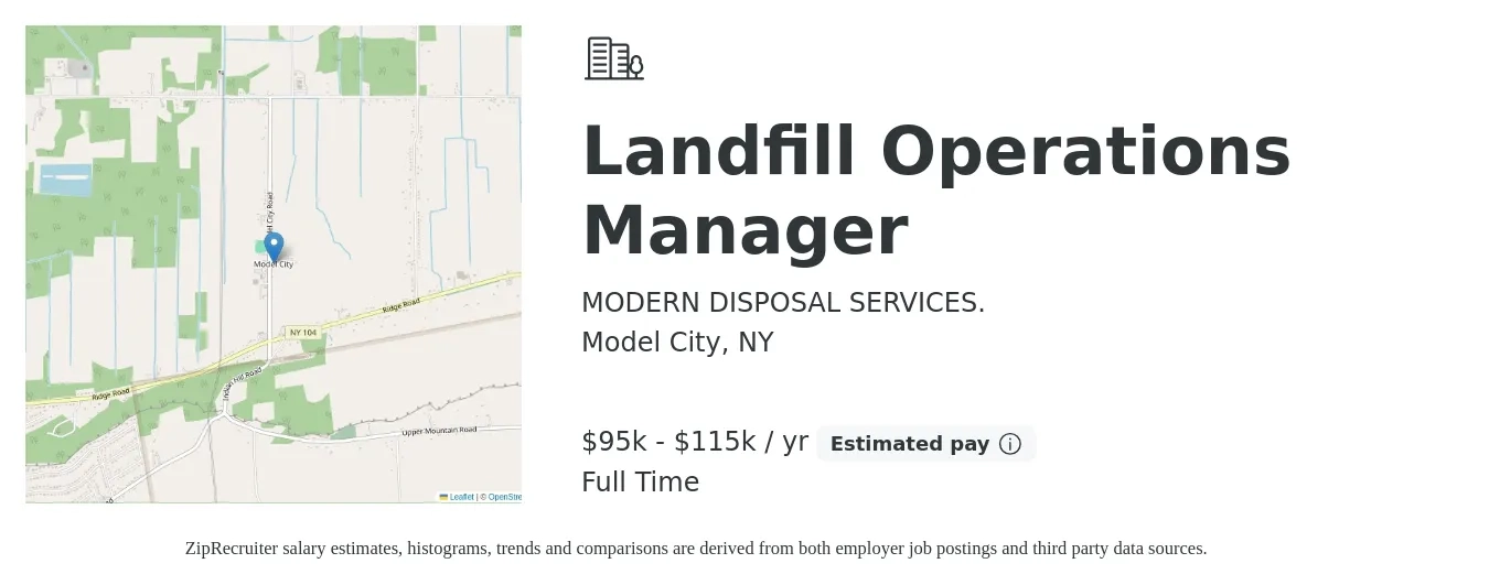 MODERN DISPOSAL SERVICES. job posting for a Landfill Operations Manager in Model City, NY with a salary of $95,000 to $115,000 Yearly with a map of Model City location.