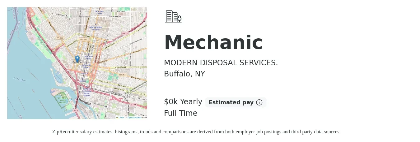 MODERN DISPOSAL SERVICES. job posting for a Mechanic in Buffalo, NY with a salary of $21 to $38 Hourly with a map of Buffalo location.