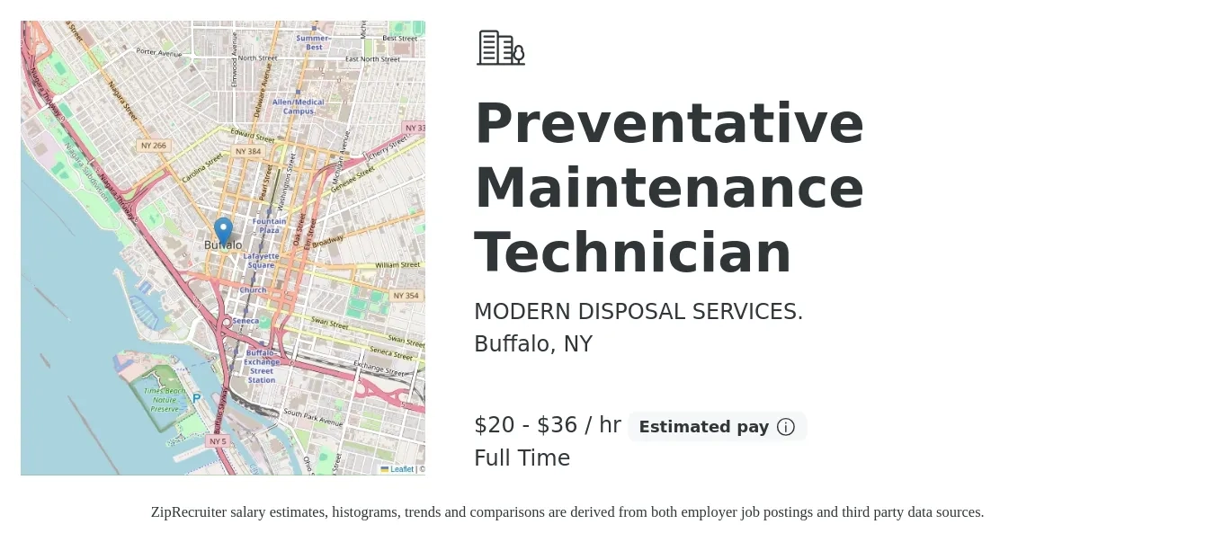 MODERN DISPOSAL SERVICES. job posting for a Preventative Maintenance Technician in Buffalo, NY with a salary of $21 to $38 Hourly with a map of Buffalo location.
