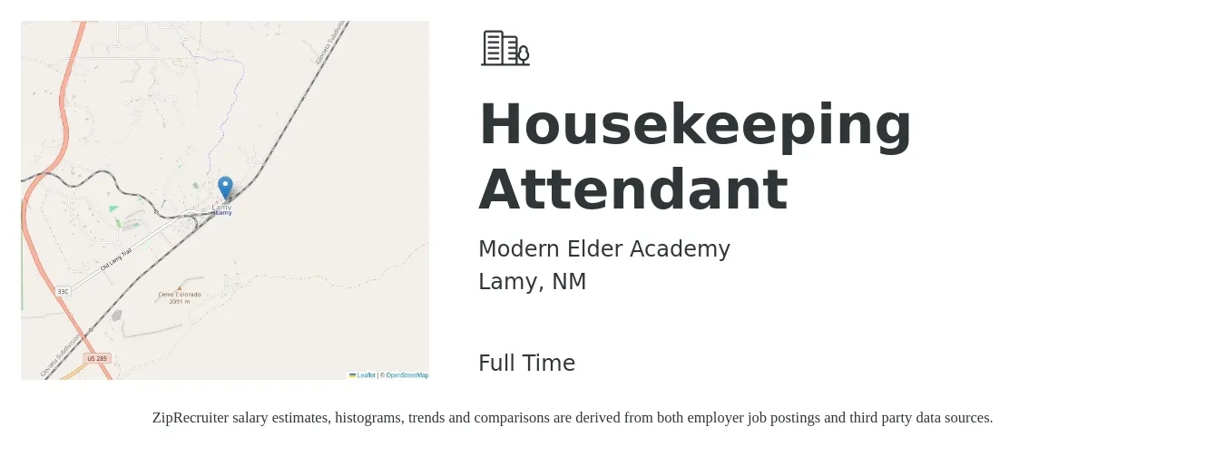 Modern Elder Academy job posting for a Housekeeping Attendant in Lamy, NM with a salary of $14 to $17 Hourly with a map of Lamy location.