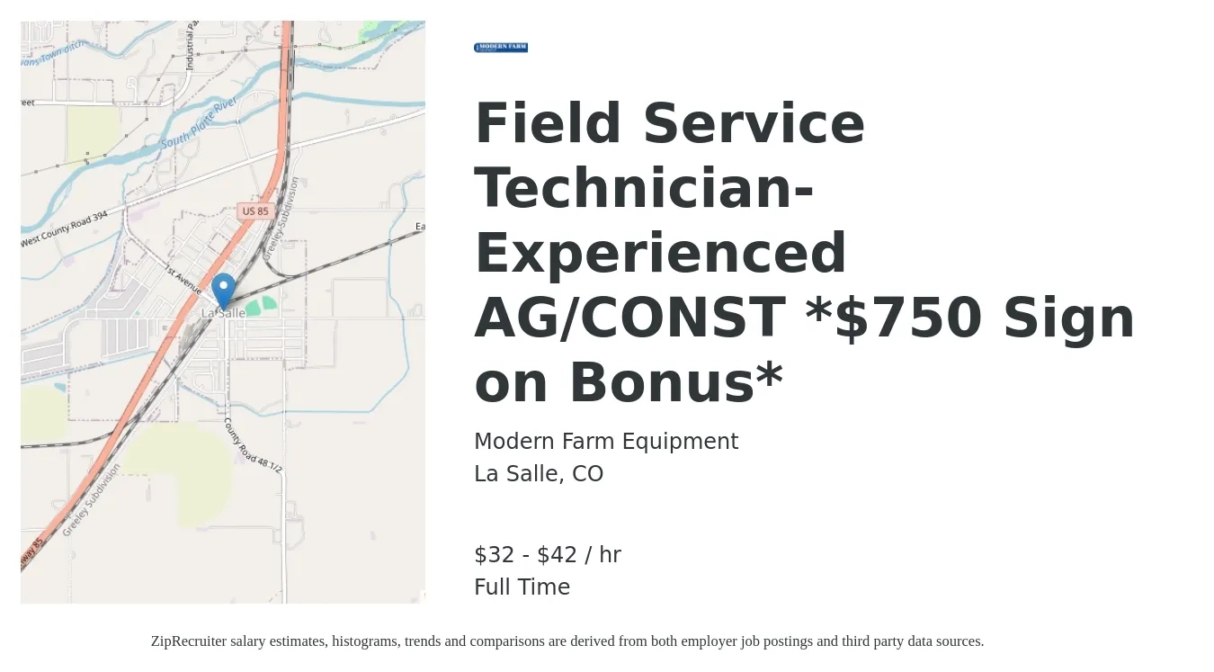 Modern Farm Equipment job posting for a Field Service Technician-Experienced AG/CONST *$750 Sign on Bonus* in La Salle, CO with a salary of $34 to $44 Hourly with a map of La Salle location.