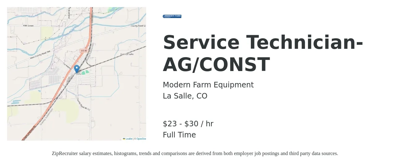 Modern Farm Equipment job posting for a Service Technician-AG/CONST in La Salle, CO with a salary of $24 to $32 Hourly with a map of La Salle location.