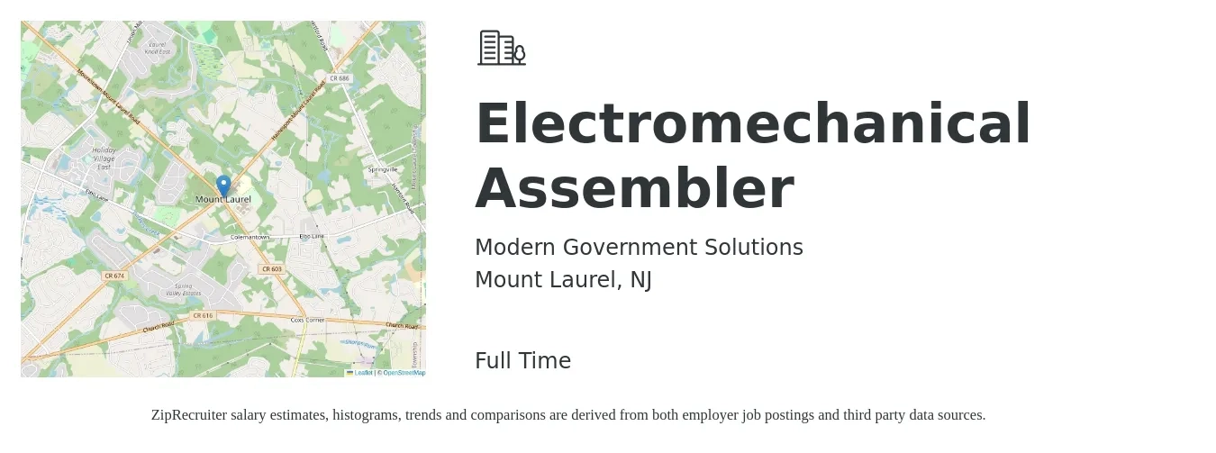 Modern Government Solutions job posting for a Electromechanical Assembler in Mount Laurel, NJ with a salary of $19 to $24 Hourly with a map of Mount Laurel location.