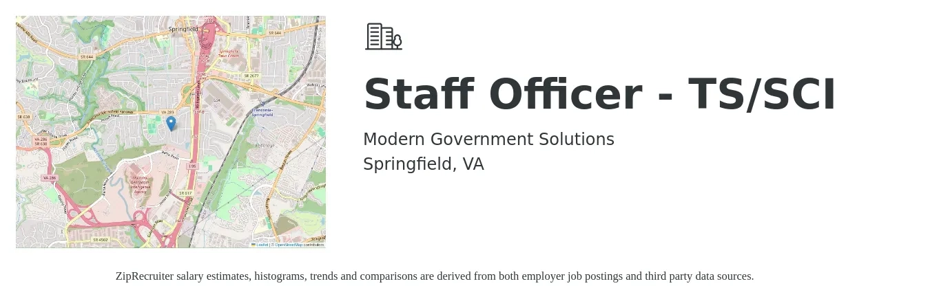 Modern Government Solutions job posting for a Staff Officer - TS/SCI in Springfield, VA with a salary of $41,300 to $107,200 Yearly with a map of Springfield location.